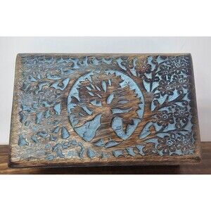 Vrinda Hand Carved Tree Of Life Wooden Jewelry Trinket Box Velvet Lined 8”x5”